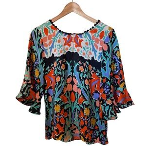 Maeve Anthropologie Floral Print Silk Blend‎ Blouse Bell Sleeve Top Size 2